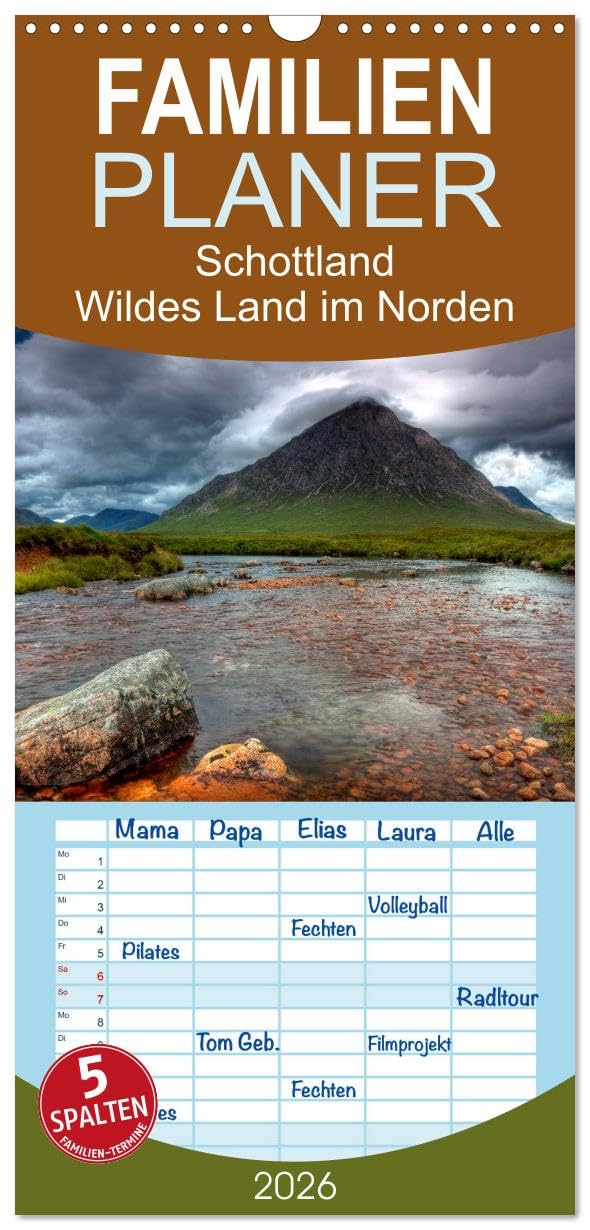 Familienplaner 2026 - Schottland - Wildes Land im Norden mit 5 Spalten (Wandkalender, 21 cm x 45 cm), CALVENDO Leisure, Home & Garden