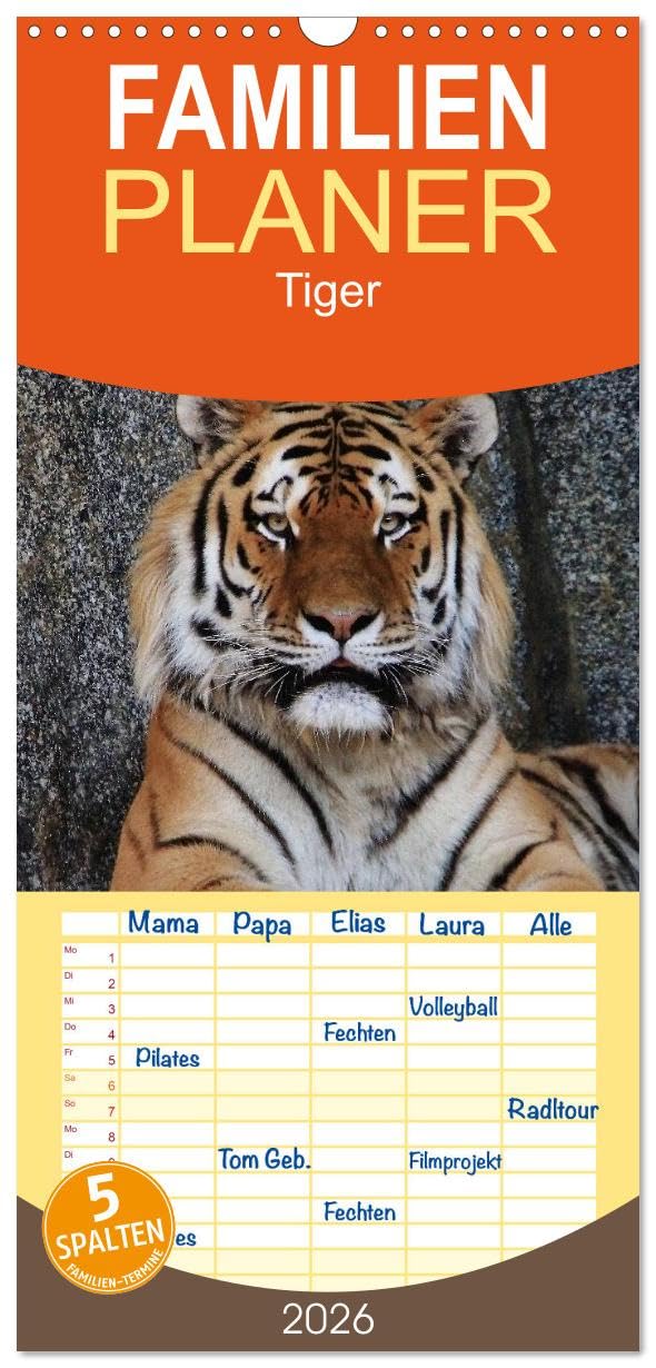 Familienplaner 2026 - Tiger mit 5 Spalten (Wandkalender, 21 cm x 45 cm), CALVENDO Natural Sciences