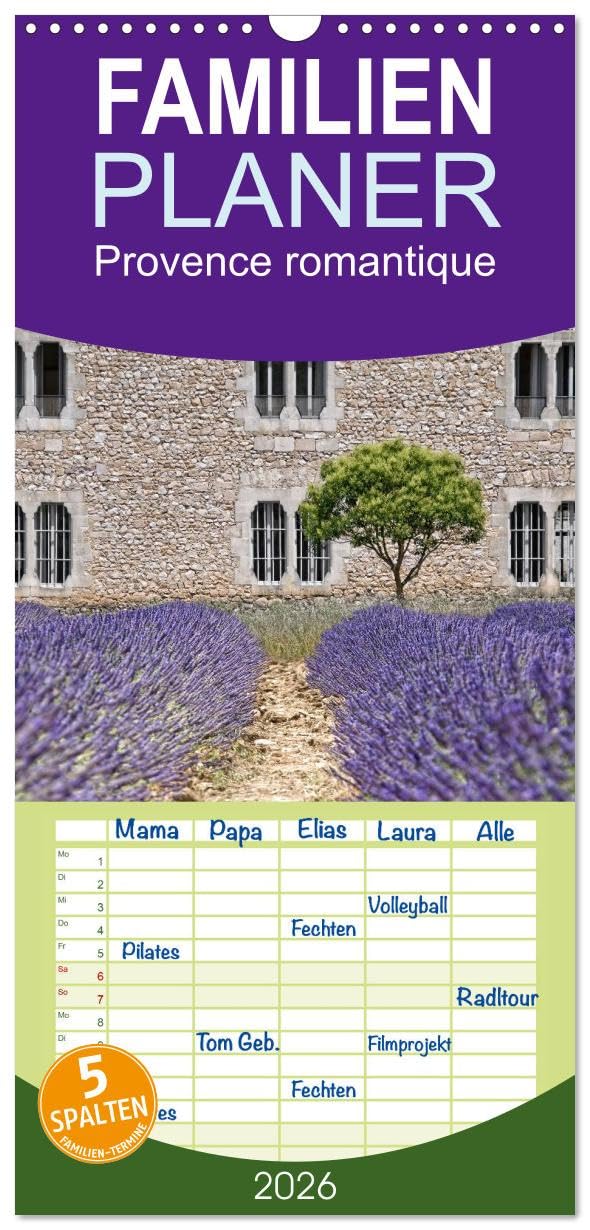 Familienplaner 2026 - Provence romantique mit 5 Spalten (Wandkalender, 21 cm x 45 cm), CALVENDO Social Sciences