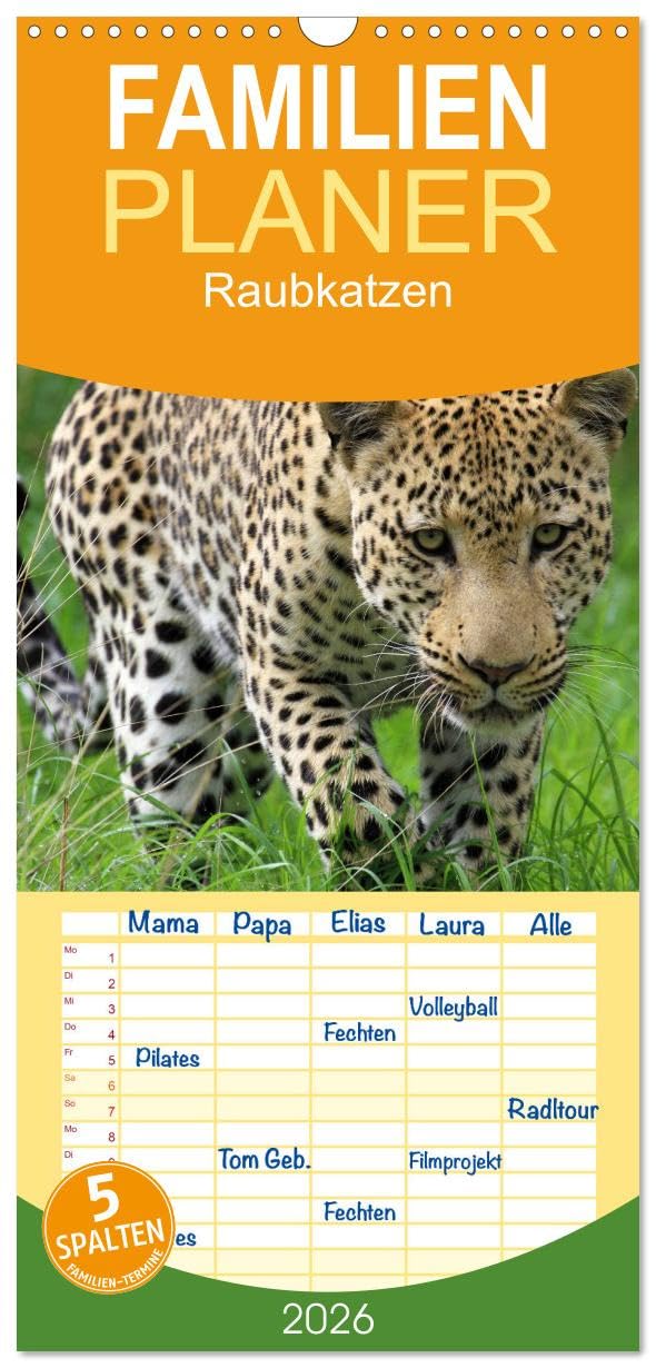Familienplaner 2026 - Raubkatzen mit 5 Spalten (Wandkalender, 21 cm x 45 cm), CALVENDO Natural Sciences