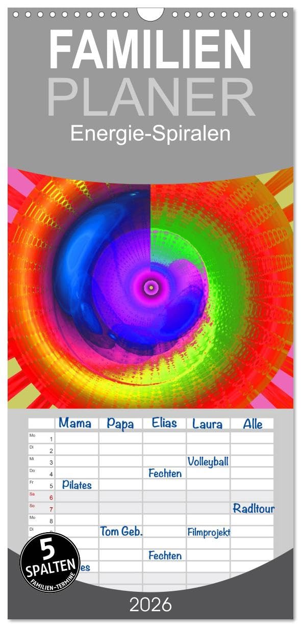 Familienplaner 2026 - Energie-Spiralen mit 5 Spalten (Wandkalender, 21 cm x 45 cm), CALVENDO Social Sciences