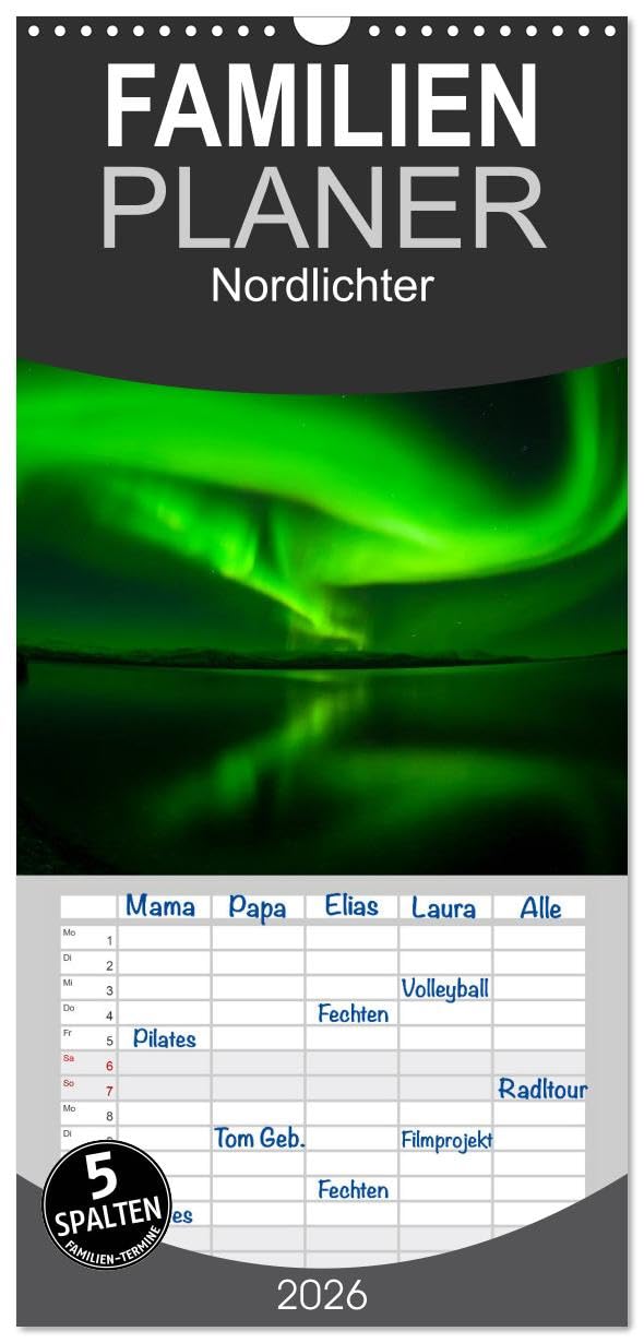 Familienplaner 2026 - Nordlichter mit 5 Spalten (Wandkalender, 21 cm x 45 cm), CALVENDO Leisure, Home & Garden