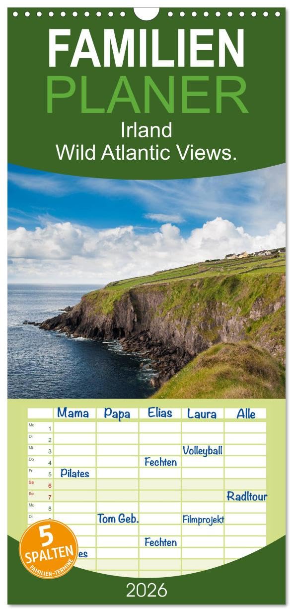 Familienplaner 2026 - Irland. Wild Atlantic Views. mit 5 Spalten (Wandkalender, 21 cm x 45 cm), CALVENDO Leisure, Home & Garden