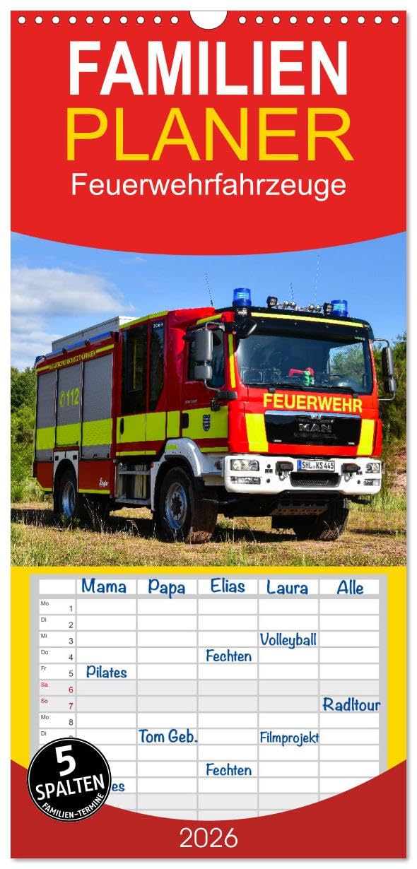 Familienplaner 2026 - Feuerwehrfahrzeuge mit 5 Spalten (Wandkalender, 21 cm x 45 cm), CALVENDO Business & Technology