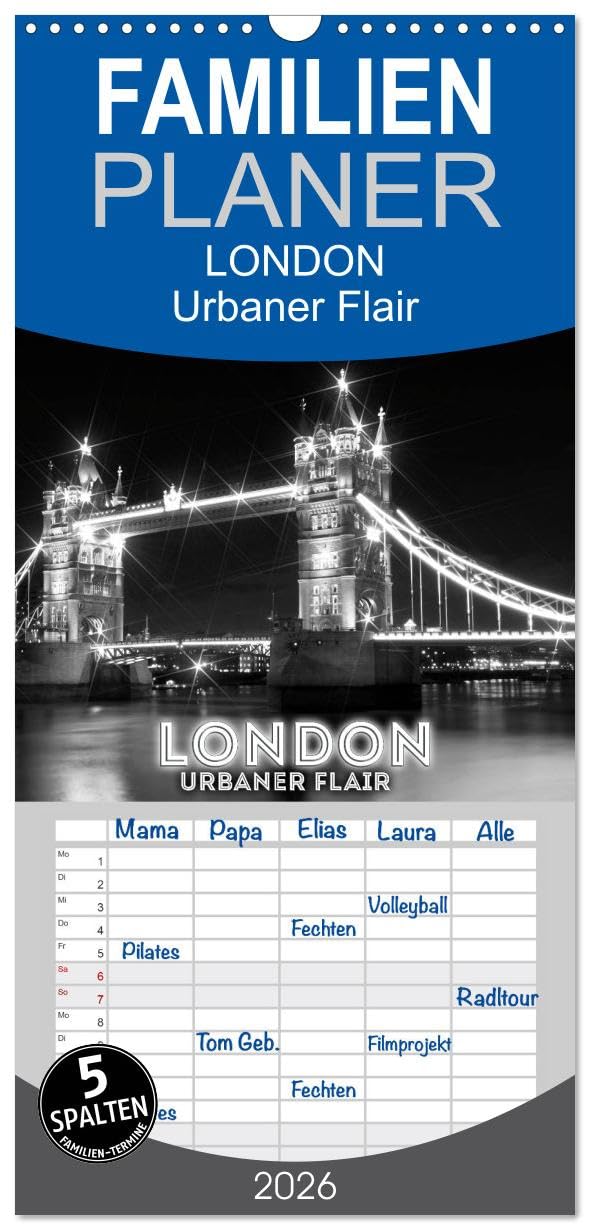 Familienplaner 2026 - LONDON Urbaner Flair mit 5 Spalten (Wandkalender, 21 cm x 45 cm), CALVENDO Leisure, Home & Garden