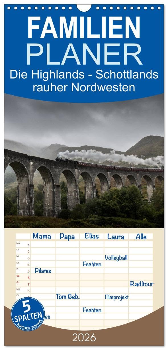 Familienplaner 2026 - Die Highlands - Schottlands rauher Nordwesten mit 5 Spalten (Wandkalender, 21 cm x 45 cm), CALVENDO Leisure, Home & Garden