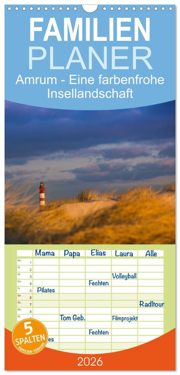 Familienplaner 2026 - Amrum - Eine farbenfrohe Insellandschaft mit 5 Spalten (Wandkalender, 21 cm x 45 cm), CALVENDO Calendars