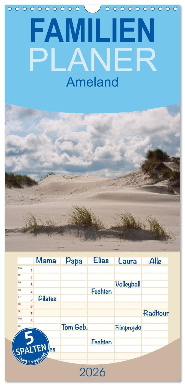 Familienplaner 2026 - Ameland mit 5 Spalten (Wandkalender, 21 cm x 45 cm), CALVENDO Calendars