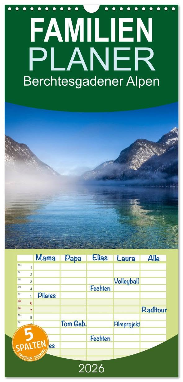 Familienplaner 2026 - Berchtesgadener Alpen - Land von Watzmann und Königssee mit 5 Spalten (Wandkalender, 21 cm x 45 cm), CALVENDO Film, Art & Culture