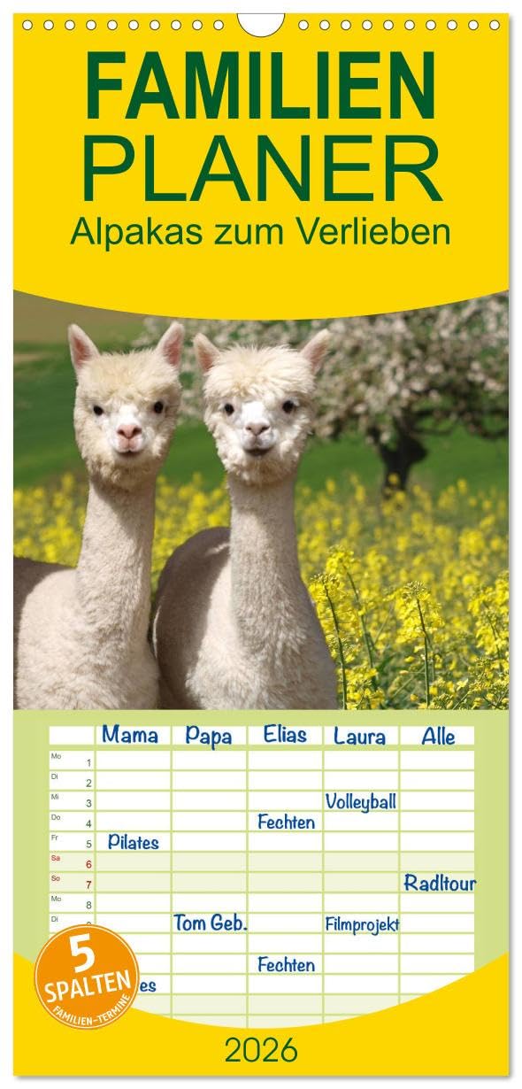 Familienplaner 2026 - Alpakas zum Verlieben mit 5 Spalten (Wandkalender, 21 cm x 45 cm), CALVENDO Social Sciences