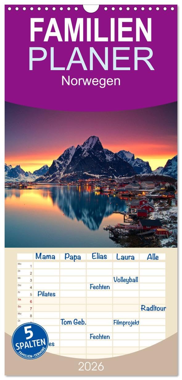Familienplaner 2026 - Norwegen mit 5 Spalten (Wandkalender, 21 cm x 45 cm), CALVENDO Leisure, Home & Garden