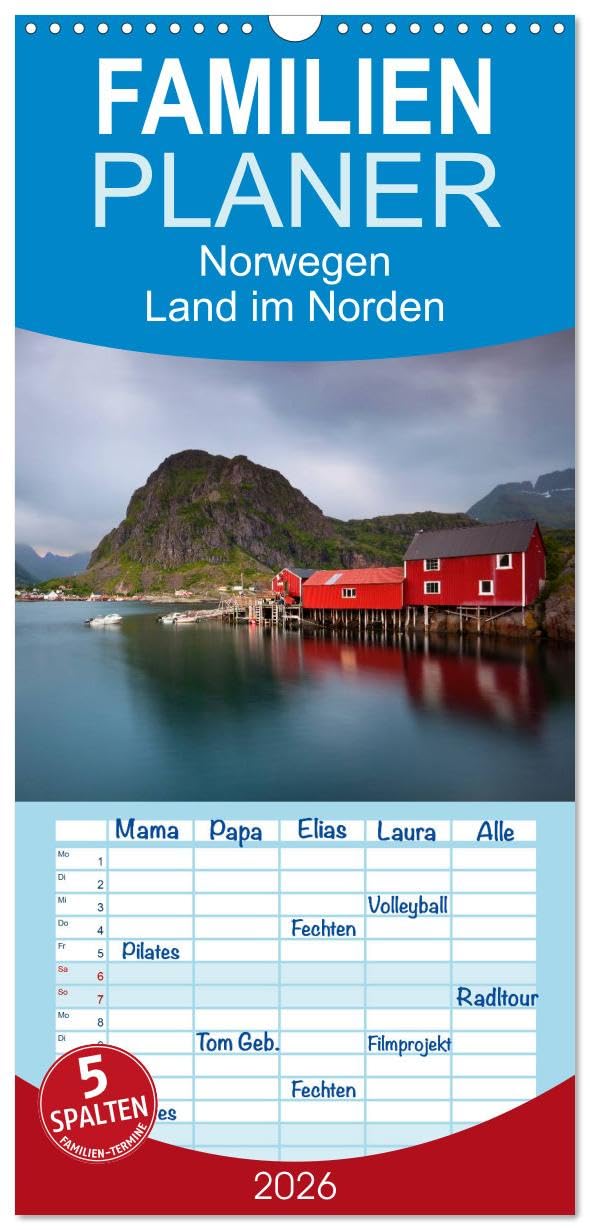 Familienplaner 2026 - Norwegen - Land im Norden mit 5 Spalten (Wandkalender, 21 cm x 45 cm), CALVENDO Leisure, Home & Garden