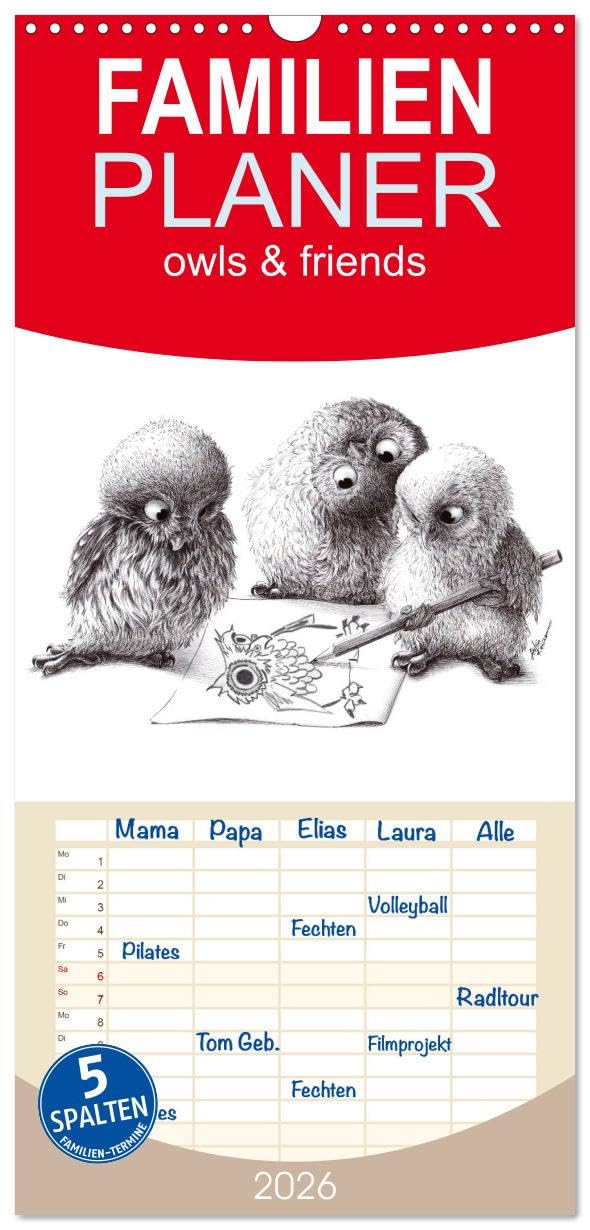 Familienplaner 2026 - owls & friends 2026 mit 5 Spalten (Wandkalender, 21 cm x 45 cm), CALVENDO Social Sciences