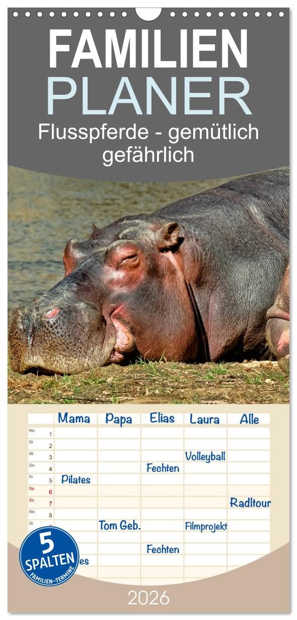 Familienplaner 2026 - Flusspferde - gemütlich gefährlich mit 5 Spalten (Wandkalender, 21 cm x 45 cm), CALVENDO Living & Furnishing