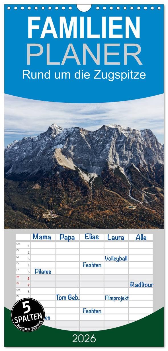 Familienplaner 2026 - Rund um die Zugspitze mit 5 Spalten (Wandkalender, 21 cm x 45 cm), CALVENDO Leisure, Home & Garden
