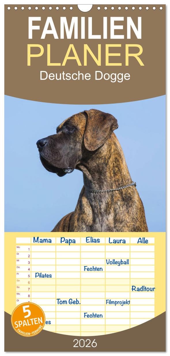 Familienplaner 2026 - Deutsche Dogge mit 5 Spalten (Wandkalender, 21 cm x 45 cm), CALVENDO Natural Sciences