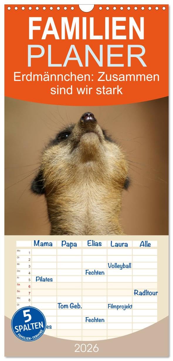 Familienplaner 2026 - Erdmännchen: Zusammen sind wir stark mit 5 Spalten (Wandkalender, 21 cm x 45 cm), CALVENDO Natural Sciences