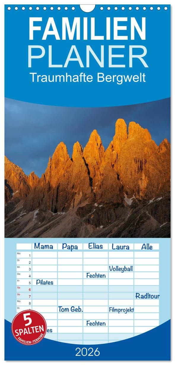 Familienplaner 2026 - Traumhafte Bergwelt Kalender mit 5 Spalten (Wandkalender, 21 cm x 45 cm), CALVENDO Leisure, Home & Garden