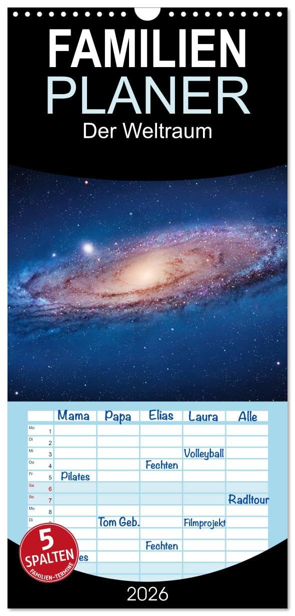 Familienplaner 2026 - Der Weltraum. Spektakuläre Gasnebel und Galaxien mit 5 Spalten (Wandkalender, 21 cm x 45 cm), CALVENDO Living & Furnishing
