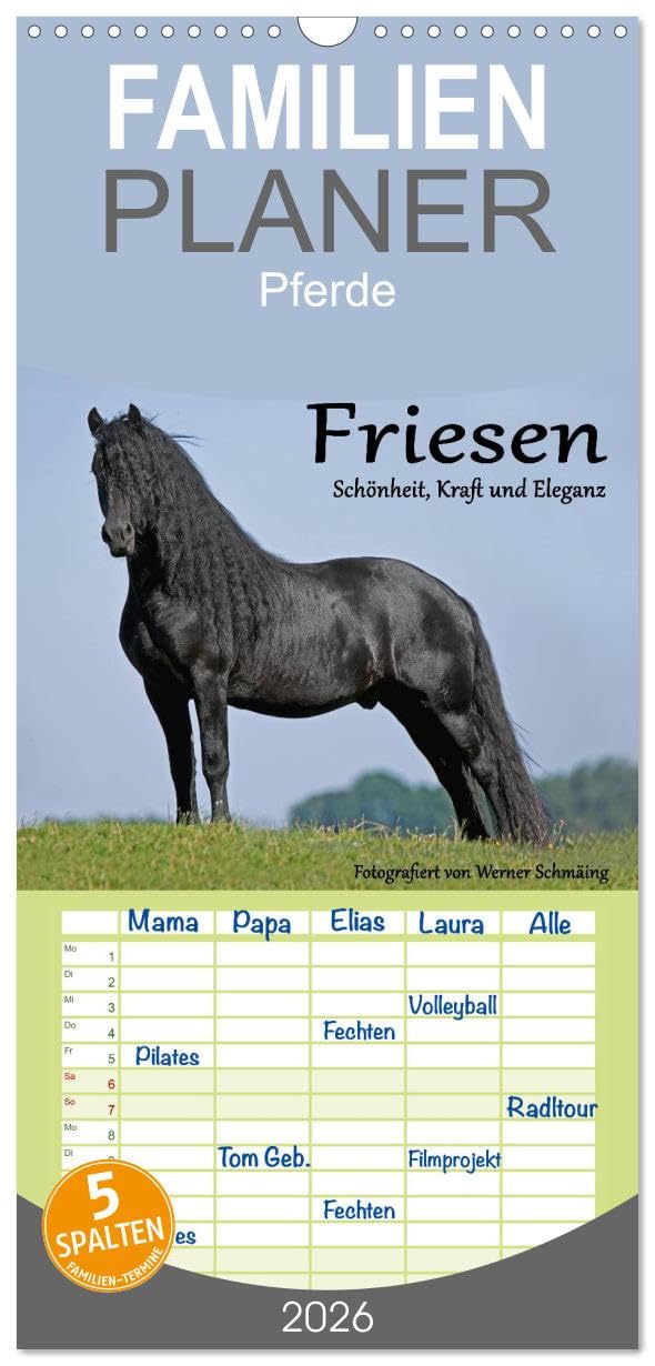 Familienplaner 2026 - Friesen - Schönheit, Kraft und Eleganz mit 5 Spalten (Wandkalender, 21 cm x 45 cm), CALVENDO Natural Sciences