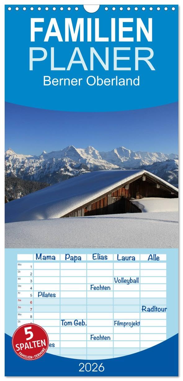 Familienplaner 2026 - Berner Oberland mit 5 Spalten (Wandkalender, 21 cm x 45 cm), CALVENDO Leisure, Home & Garden