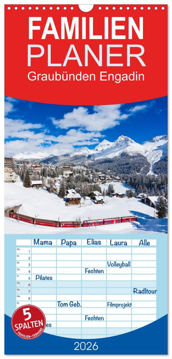 Familienplaner 2026 - Graubünden Engadin mit 5 Spalten (Wandkalender, 21 cm x 45 cm), CALVENDO Leisure, Home & Garden