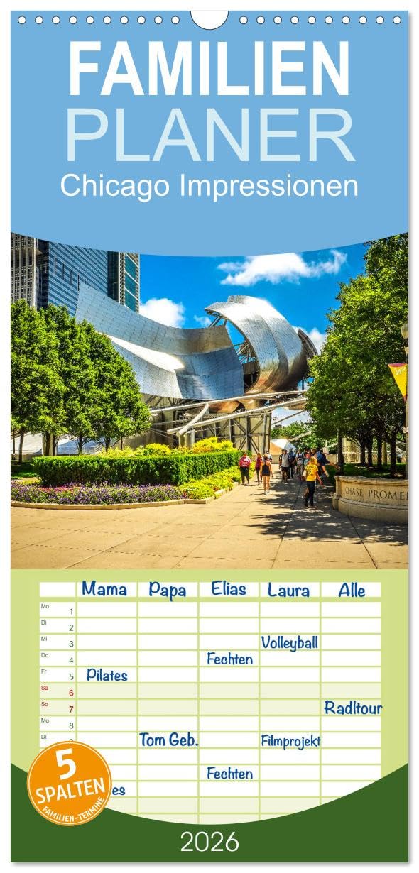 Familienplaner 2026 - Chicago Impressionen mit 5 Spalten (Wandkalender, 21 cm x 45 cm), CALVENDO Leisure, Home & Garden