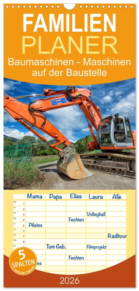 Familienplaner 2026 - Baumaschinen - Maschinen auf der Baustelle mit 5 Spalten (Wandkalender, 21 cm x 45 cm), CALVENDO Books