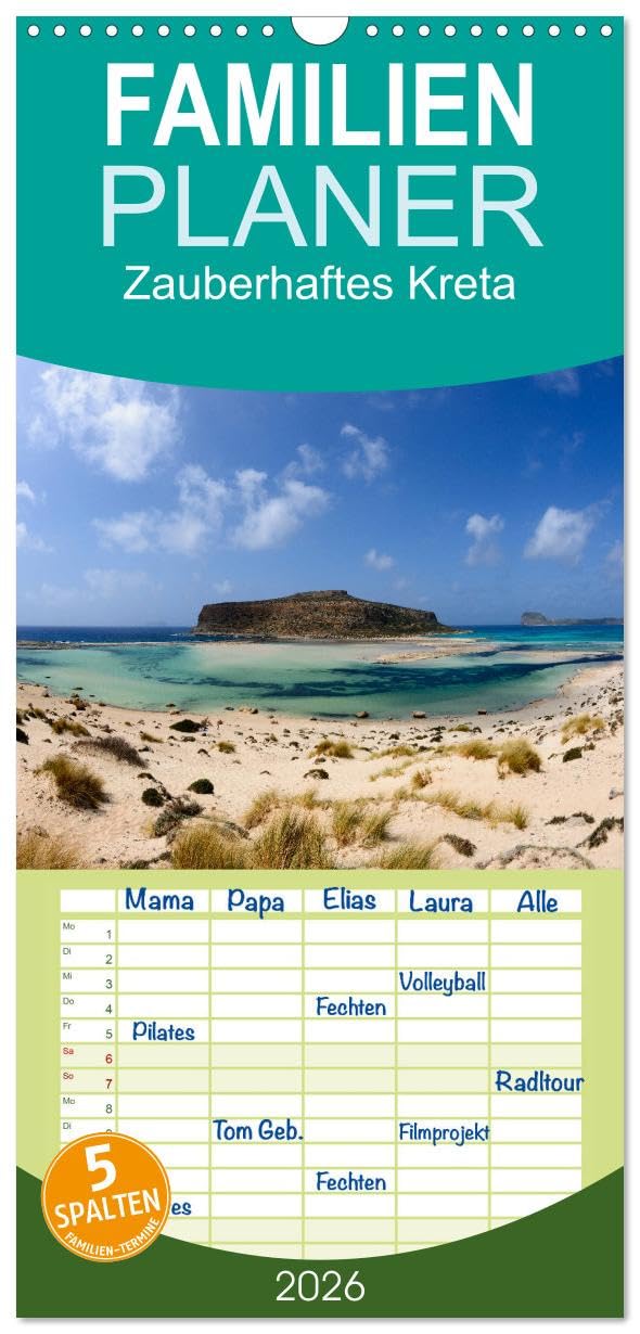 Familienplaner 2026 - Zauberhaftes Kreta mit 5 Spalten (Wandkalender, 21 cm x 45 cm), CALVENDO Leisure, Home & Garden