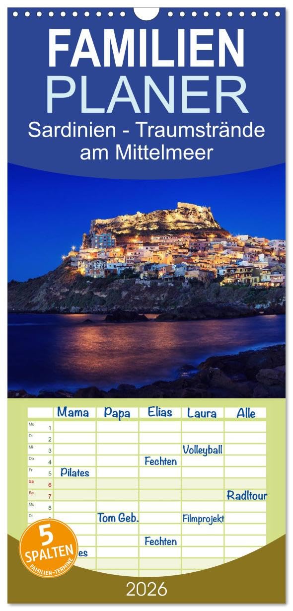 Familienplaner 2026 - Sardinien - Traumstrände am Mittelmeer mit 5 Spalten (Wandkalender, 21 cm x 45 cm), CALVENDO Leisure, Home & Garden