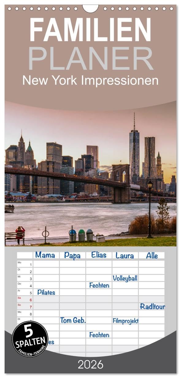 Familienplaner 2026 - New York Impressionen mit 5 Spalten (Wandkalender, 21 cm x 45 cm), CALVENDO Leisure, Home & Garden