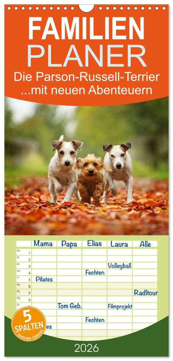 Familienplaner 2026 - Die Parson-Russell-Terrier ...mit neuen Abenteuern aus der Hundeknipserei mit 5 Spalten (Wandkalender, 21 cm x 45 cm), CALVENDO Living & Furnishing