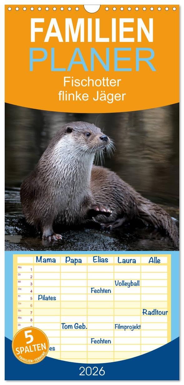 Familienplaner 2026 - Fischotter, flinke Jäger mit 5 Spalten (Wandkalender, 21 cm x 45 cm), CALVENDO Natural Sciences