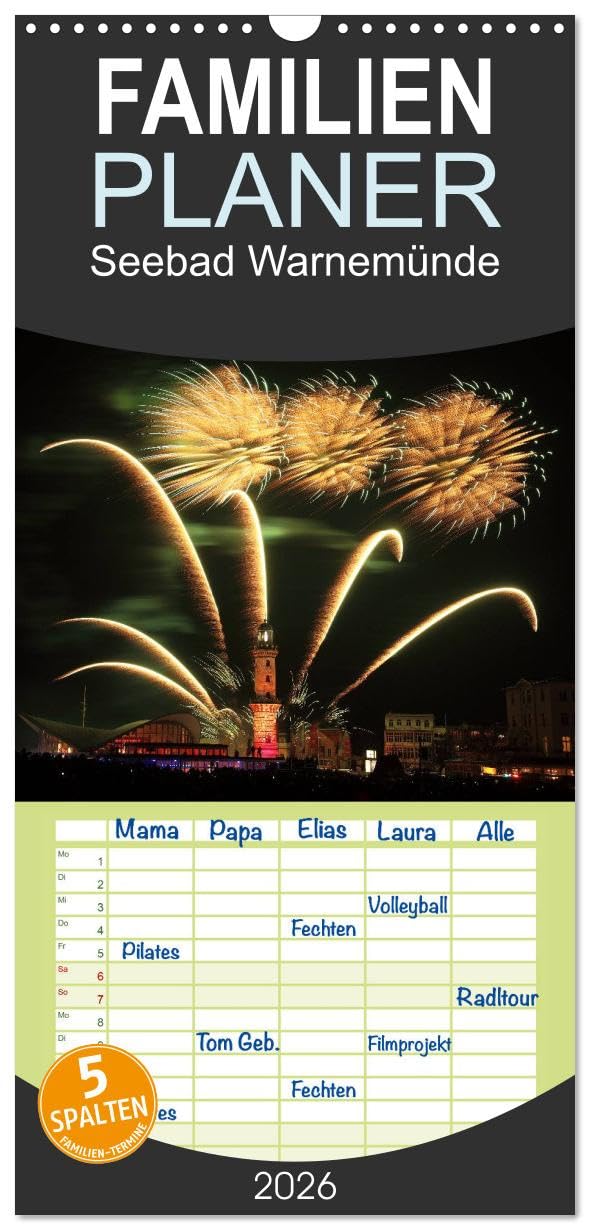 Familienplaner 2026 - Seebad Warnemünde mit 5 Spalten (Wandkalender, 21 cm x 45 cm), CALVENDO Leisure, Home & Garden