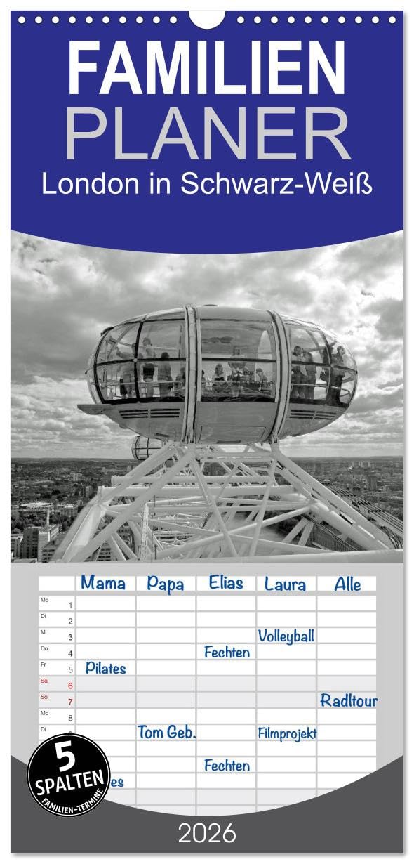 Familienplaner 2026 - London in Schwarz-Weiß mit 5 Spalten (Wandkalender, 21 cm x 45 cm), CALVENDO Photography