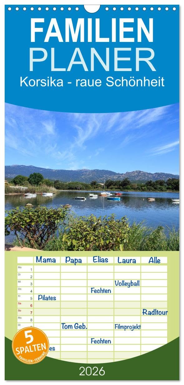 Familienplaner 2026 - Korsika - raue Schönheit mit 5 Spalten (Wandkalender, 21 cm x 45 cm), CALVENDO Calendars