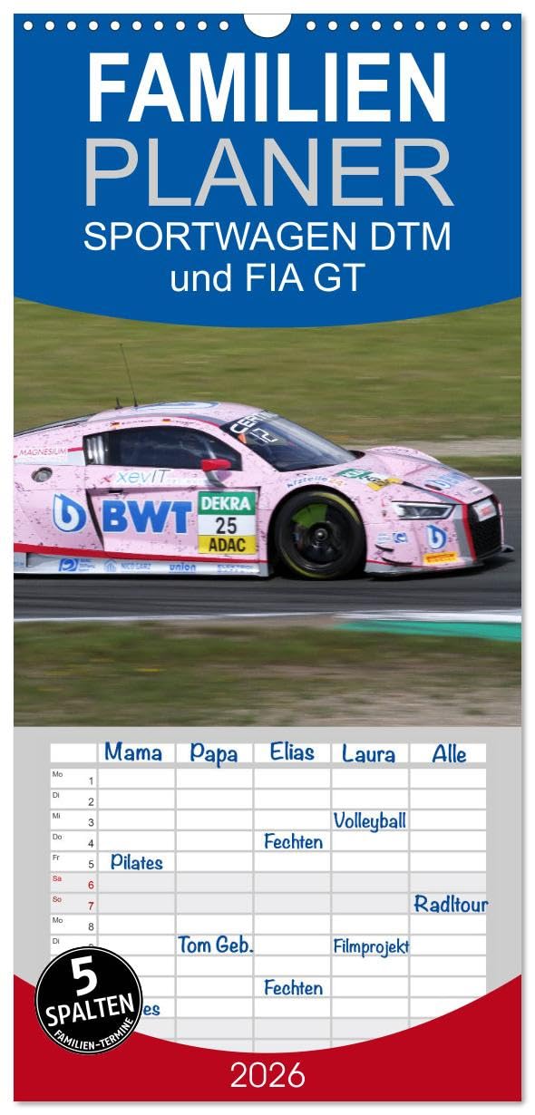 Familienplaner 2026 - SPORTWAGEN DTM und FIA GT mit 5 Spalten (Wandkalender, 21 cm x 45 cm), CALVENDO Living & Furnishing