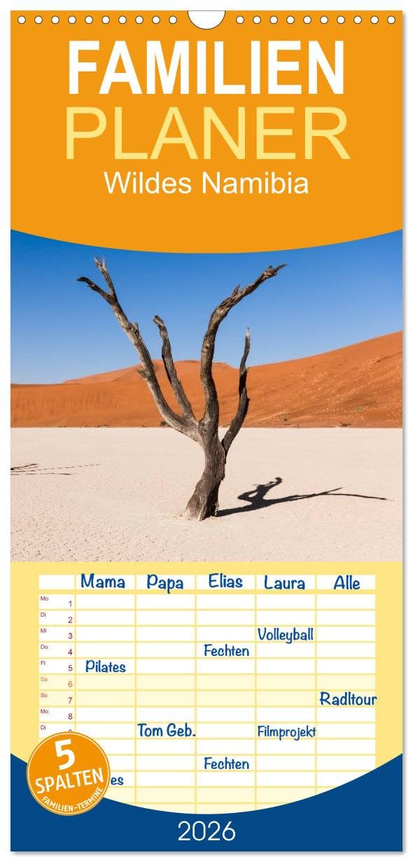 Familienplaner 2026 - Wildes Namibia mit 5 Spalten (Wandkalender, 21 cm x 45 cm), CALVENDO Natural Sciences
