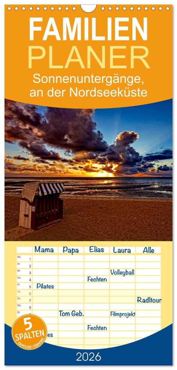 Familienplaner 2026 - Sonnenuntergänge, an der Nordseeküste vor Cuxhaven mit 5 Spalten (Wandkalender, 21 cm x 45 cm), CALVENDO Natural Sciences