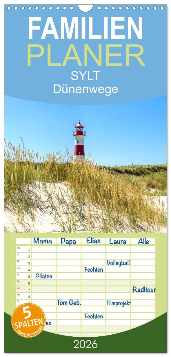 Familienplaner 2026 - SYLT Dünenwege mit 5 Spalten (Wandkalender, 21 cm x 45 cm), CALVENDO Film, Art & Culture