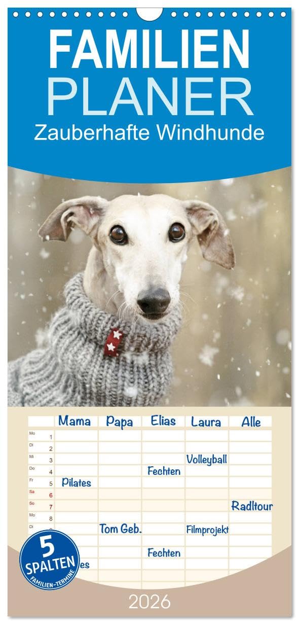 Familienplaner 2026 - Zauberhafte Windhunde mit 5 Spalten (Wandkalender, 21 cm x 45 cm), CALVENDO Living & Furnishing