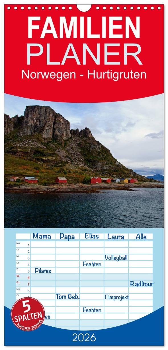 Familienplaner 2026 - Norwegen - Hurtigruten mit 5 Spalten (Wandkalender, 21 cm x 45 cm), CALVENDO Leisure, Home & Garden