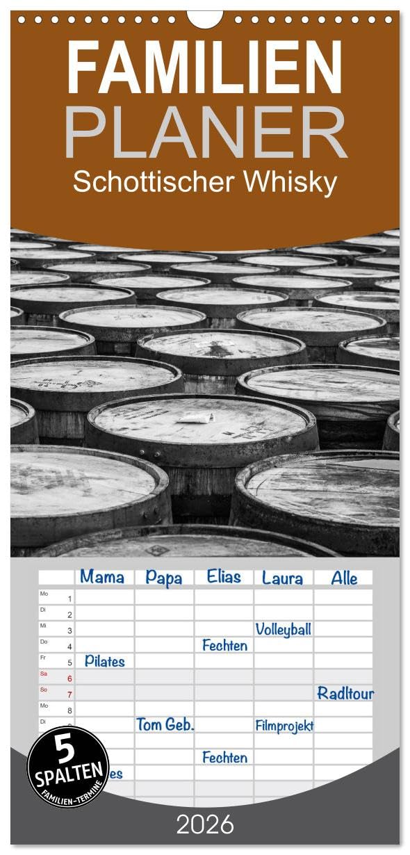 Familienplaner 2026 - Schottischer Whisky mit 5 Spalten (Wandkalender, 21 cm x 45 cm), CALVENDO Leisure, Home & Garden