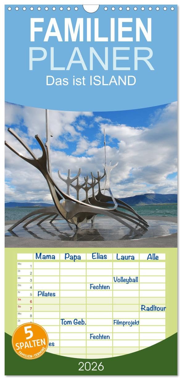 Familienplaner 2026 - Das ist ISLAND mit 5 Spalten (Wandkalender, 21 cm x 45 cm), CALVENDO Leisure, Home & Garden