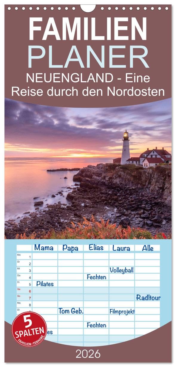 Familienplaner 2026 - NEUENGLAND - Eine Reise durch den Nordosten der USA mit 5 Spalten (Wandkalender, 21 cm x 45 cm), CALVENDO Calendars
