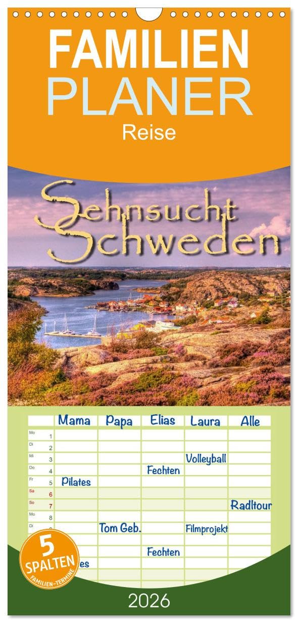 Familienplaner 2026 - Sehnsucht Schweden - Sverige mit 5 Spalten (Wandkalender, 21 cm x 45 cm), CALVENDO Garden & Plants