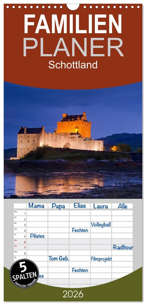 Familienplaner 2026 - Schottland mit 5 Spalten (Wandkalender, 21 cm x 45 cm), CALVENDO Leisure, Home & Garden