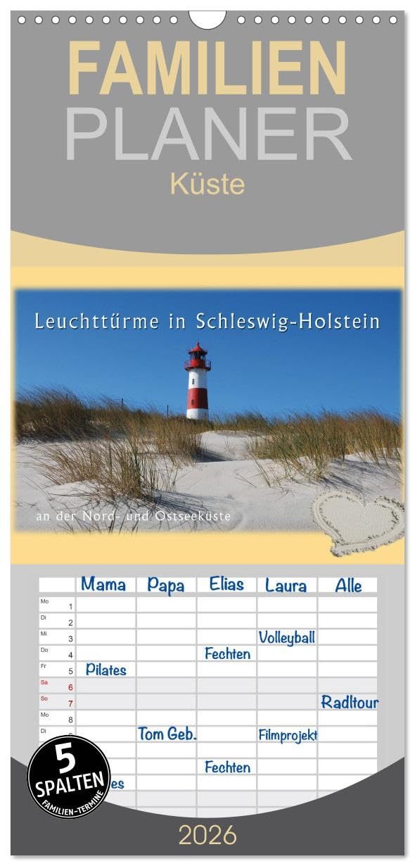 Familienplaner 2026 - Leuchttürme Schleswig-Holsteins mit 5 Spalten (Wandkalender, 21 cm x 45 cm), CALVENDO Leisure, Home & Garden