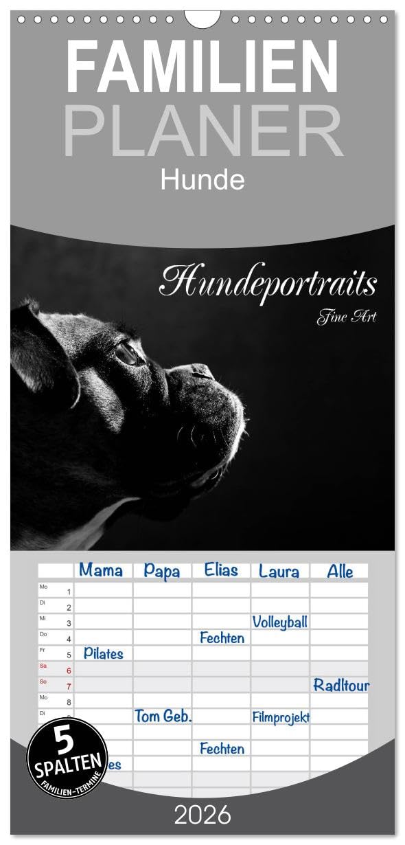 Familienplaner 2026 - Hundeportraits Fine Art mit 5 Spalten (Wandkalender, 21 cm x 45 cm), CALVENDO Natural Sciences