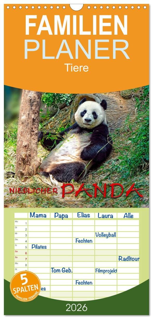 Familienplaner 2026 - Niedlicher Panda mit 5 Spalten (Wandkalender, 21 cm x 45 cm), CALVENDO Living & Furnishing